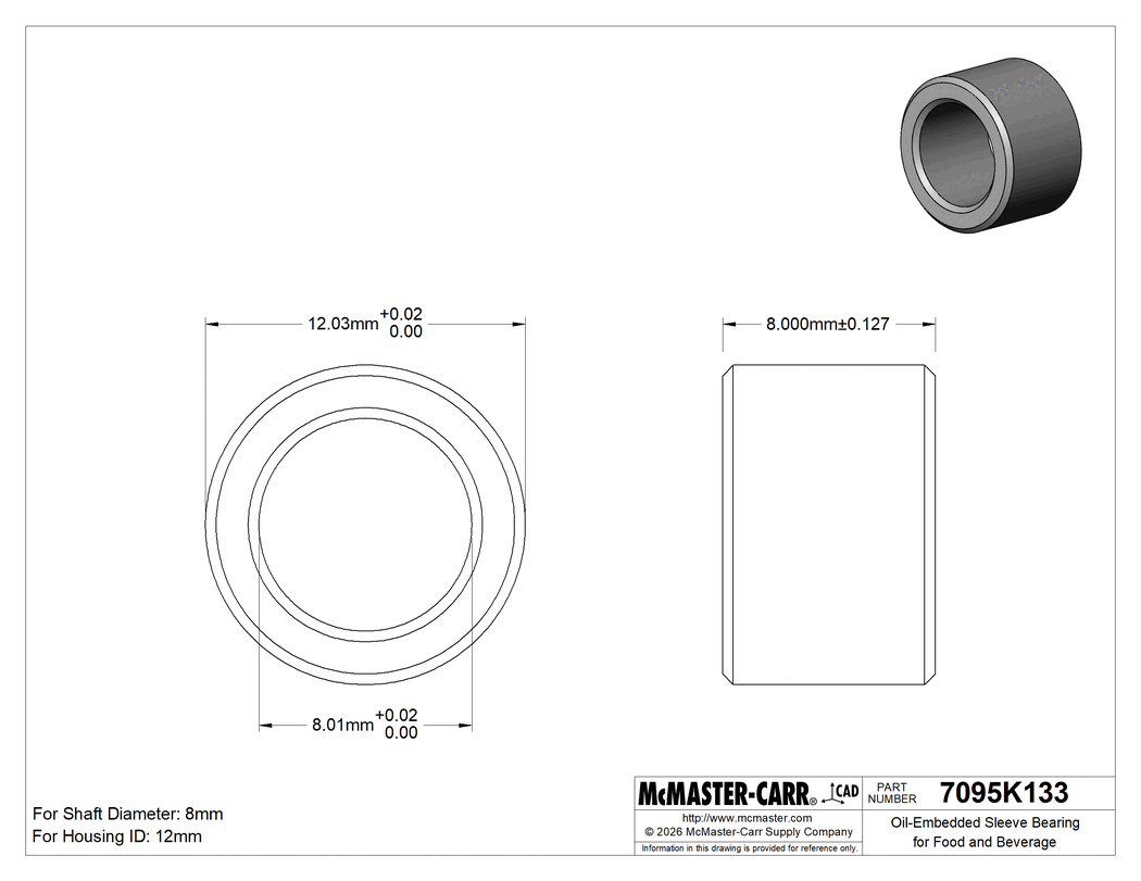 Technical Drawing of Oil-Embedded Sleeve Bearing for Food&Beverage, 841 Bronze, for 8mm Shaft Diameter and 12mm Housing ID, 8mm Long.